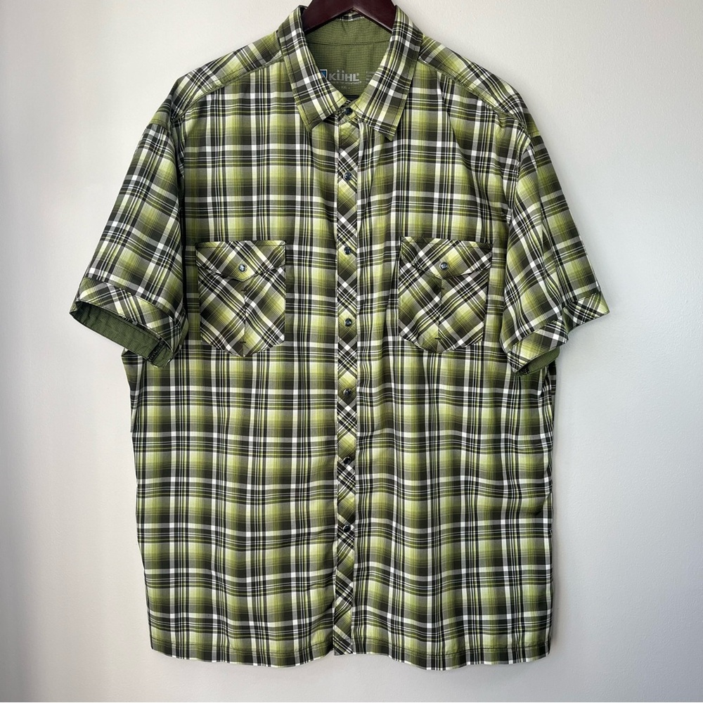 KUHL Men's XXL Green Plaid Pearl Snap ELUXUR Short Sleeve Shirt GORPCORE- FLAWED - Picture 4 of 16